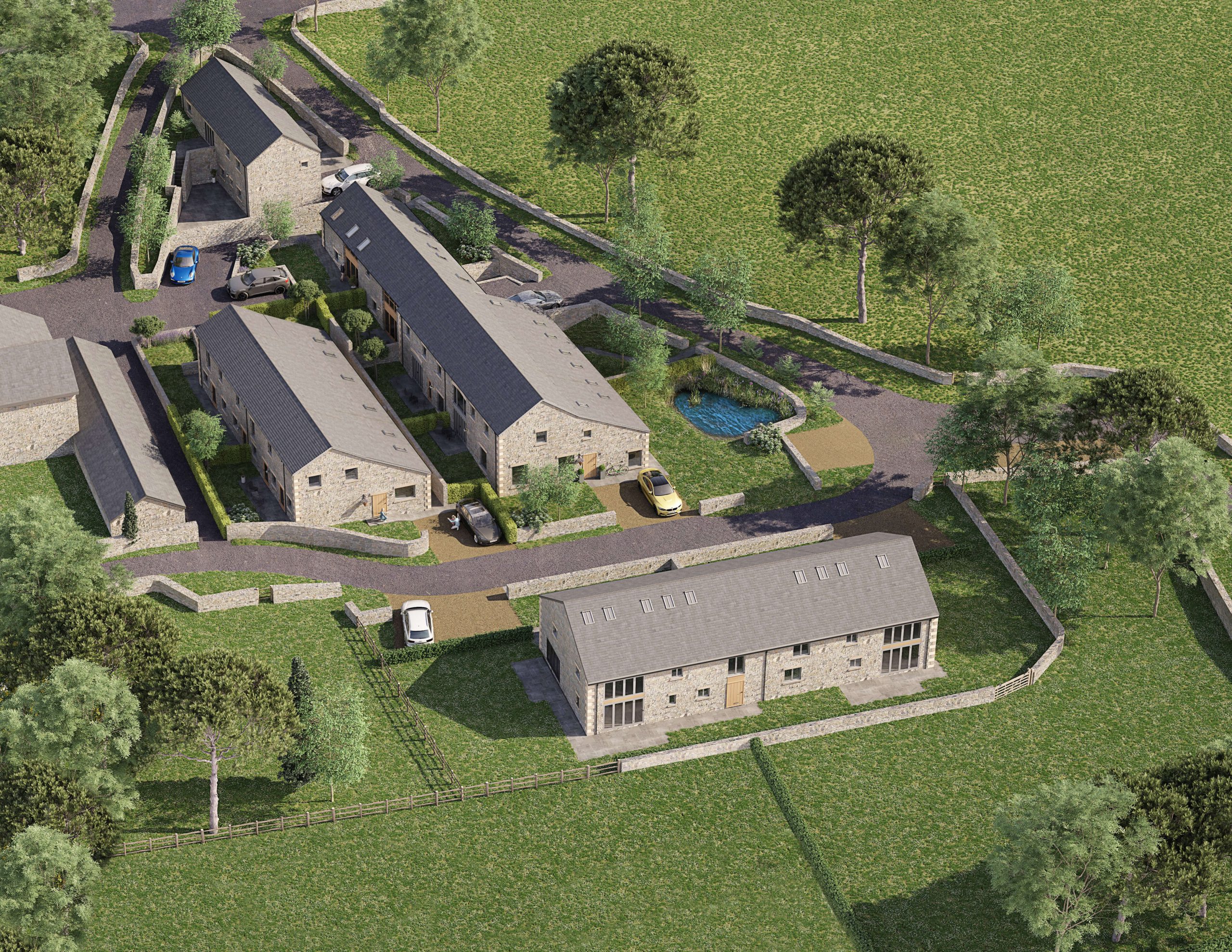 Aerial CGI shot of the Daffodil Homes development, Sillfield Howe, in Cumbria.